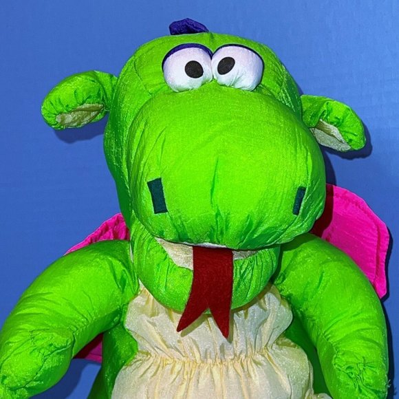 Mervyn's Playful Pals Dragon Neon Green Pink Wings Nylon 14" Plush Sound Vintage - Picture 3 of 11